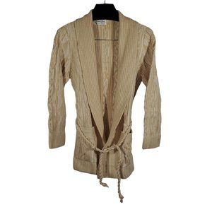 VTG 80s Cuddle-Knit Open Front Cardigan Sweater OS Beige Rope-Belt Coastal Robe